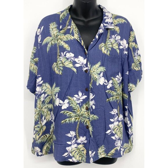 Hilo Hattie Women Size XL Extra Large Aloha Hawaiian Top Shirt Blue Floral EUC - Picture 1 of 7